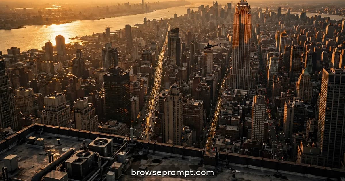 Empire State Building glowing copper above Manhattan's grid from a Midtown rooftop at golden hour.