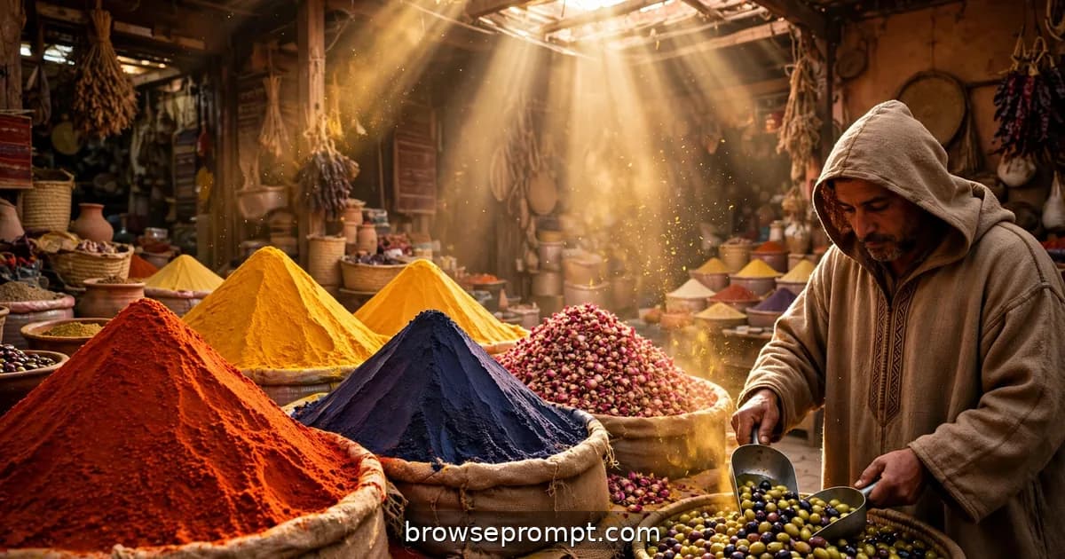 Pyramids of colorful spices glowing under golden light shafts in Marrakech's covered souk lanes.