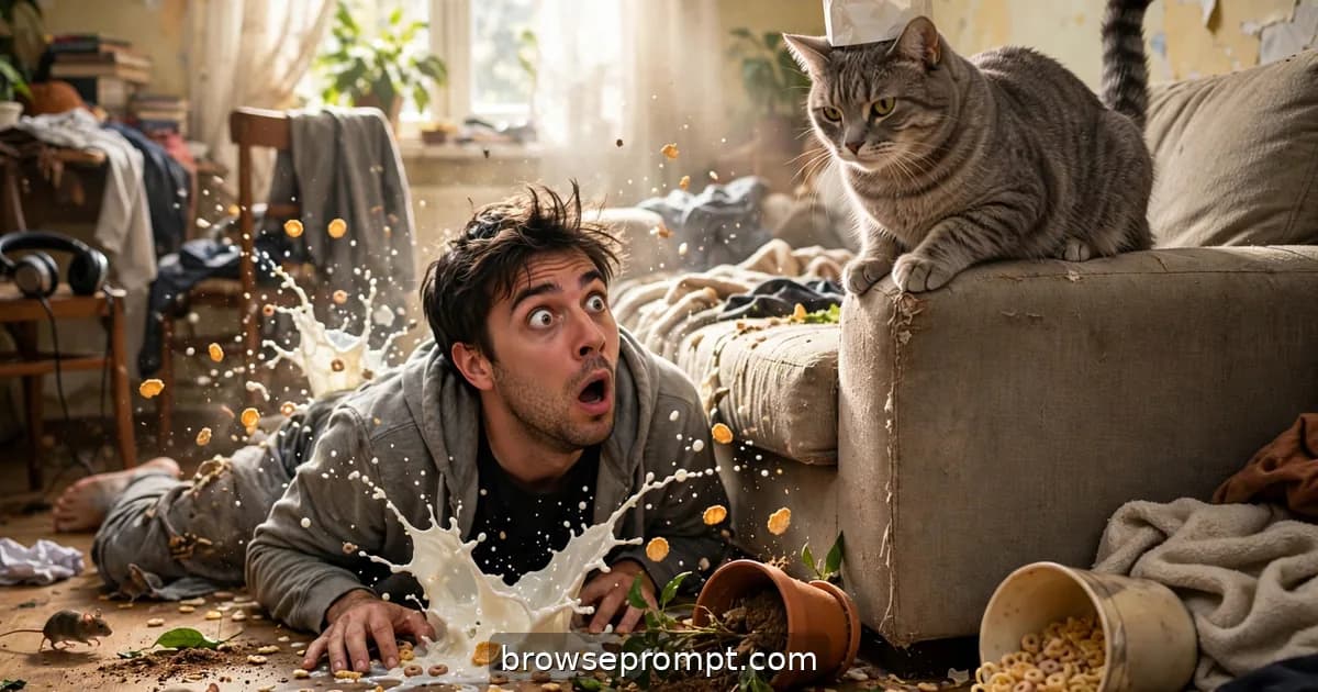 Comedic cover art: a mockumentary follows a cat who technically pays the rent by catching mice, and now lords it over his unemployed human roommate.