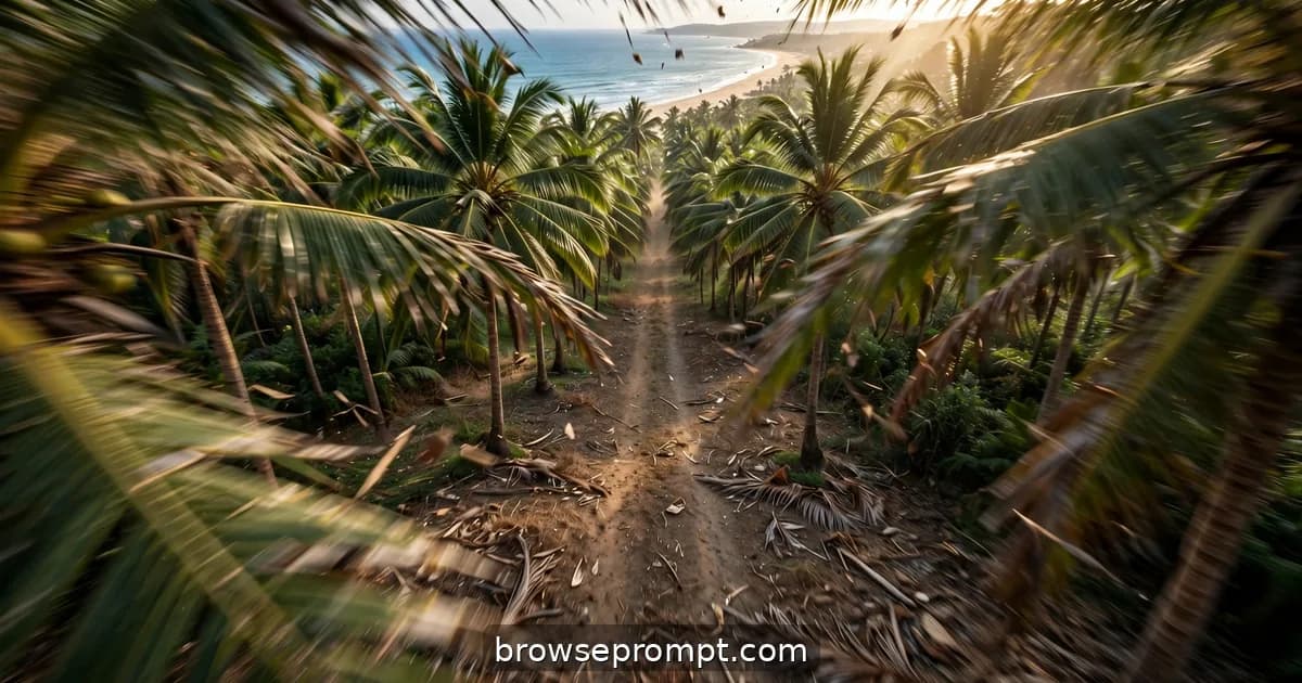Aerial nature cover art: an FPV drone races down a coconut grove path, fronds slapping the lens, toward a beach reveal.