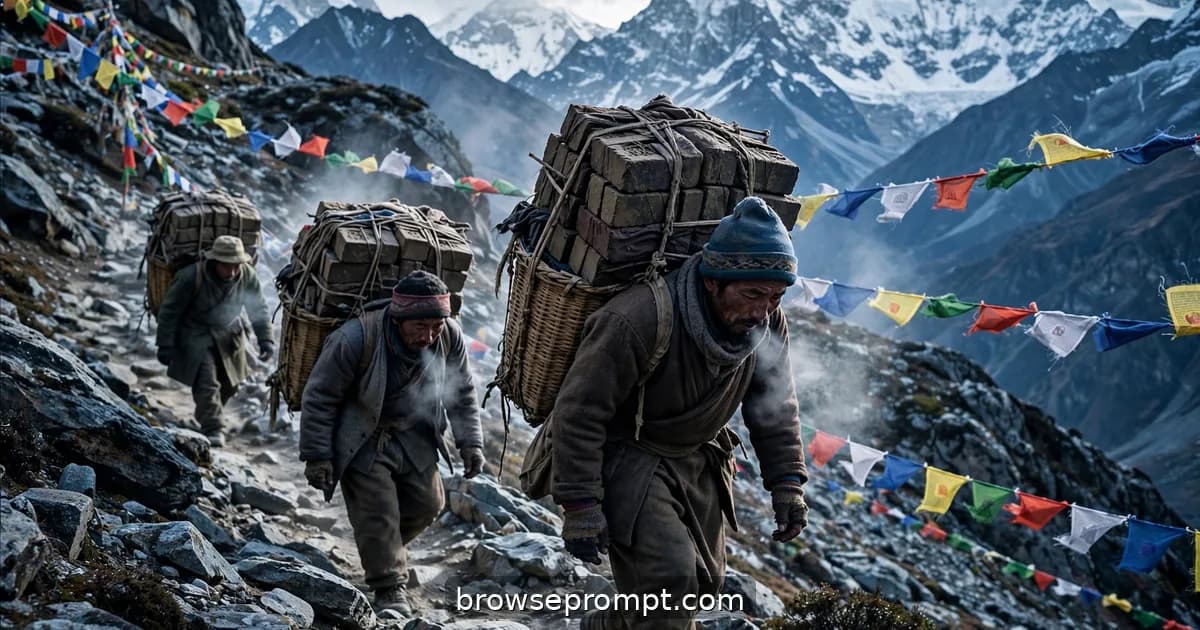 Porters bent under bricks of compressed tea climb a snowy Himalayan pass, prayer flags whipping in the wind.