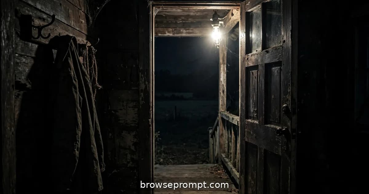 A cinematic horror still of a porch light flicker — home-invasion dread, primal fear of the threshold under harsh single-bulb strobing against rural darkness.