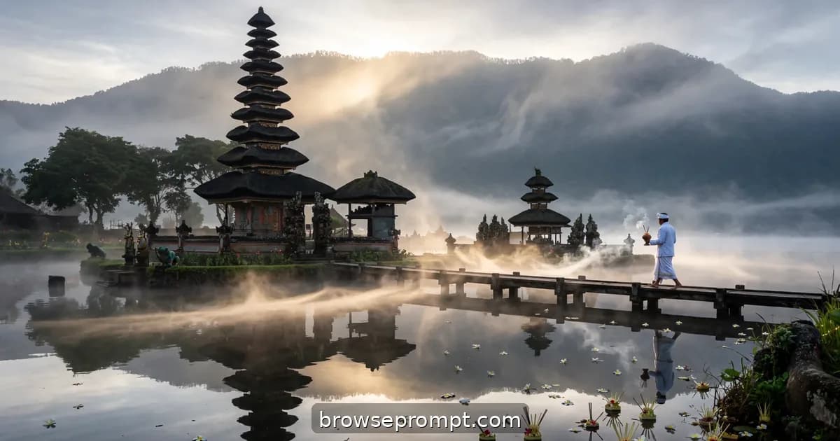 Ulun Danu Bratan's tiered towers doubled in black-glass lake water veiled with sunrise mist.