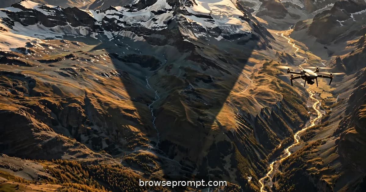 Aerial nature cover art: the Matterhorn throws its perfect pyramid shadow across the valley as a drone circles at golden hour.