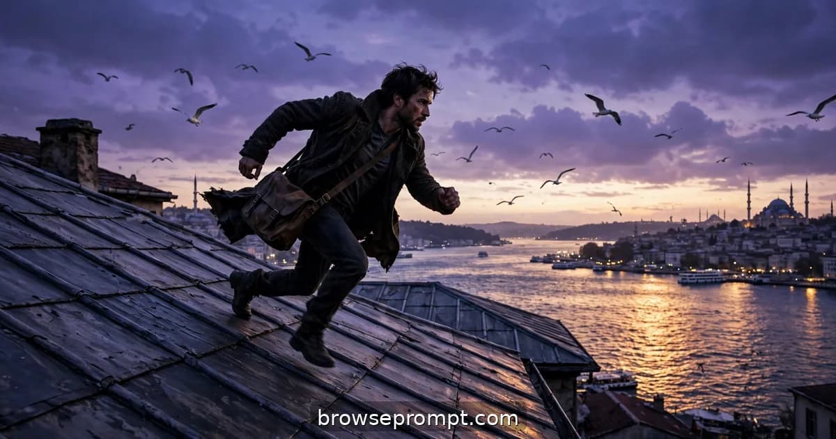Smuggler sprinting across Istanbul's lead-domed rooftops at dusk with the Bosphorus glittering below, cinematic still.