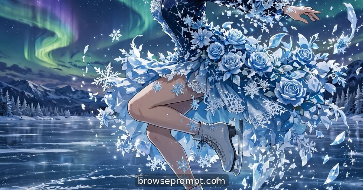 A figure skater mid-leap transforms as frost explodes from her blades on a frozen lake under rippling aurora.