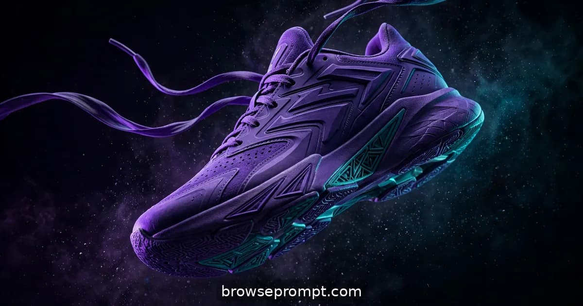 A deep-violet limited sneaker tumbling in extreme slow motion through a dark studio, laces trailing like ribbons.