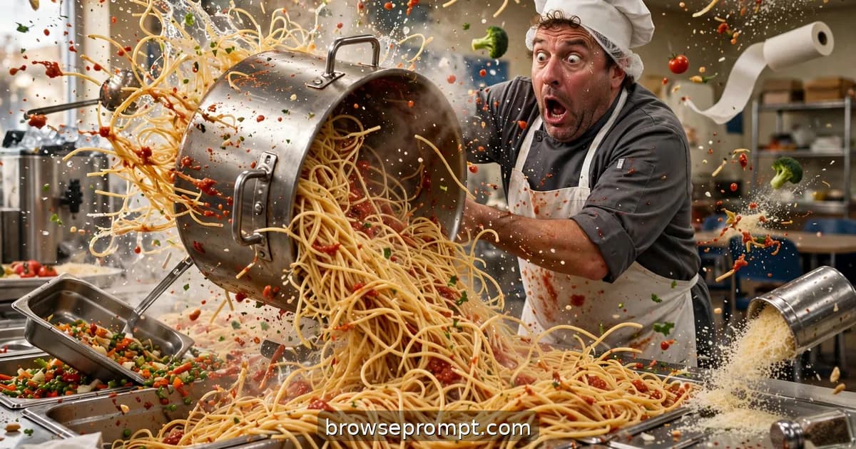 Comedic cover art: a cafeteria cook loses control of an industrial pasta pot and unleashes a slow-motion tidal wave of spaghetti across the serving line.