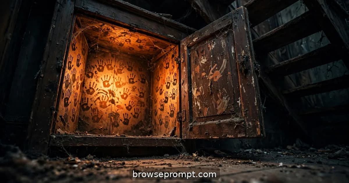 Horror film still: the under-stairs cupboard, steeped in childhood nightmare logic.