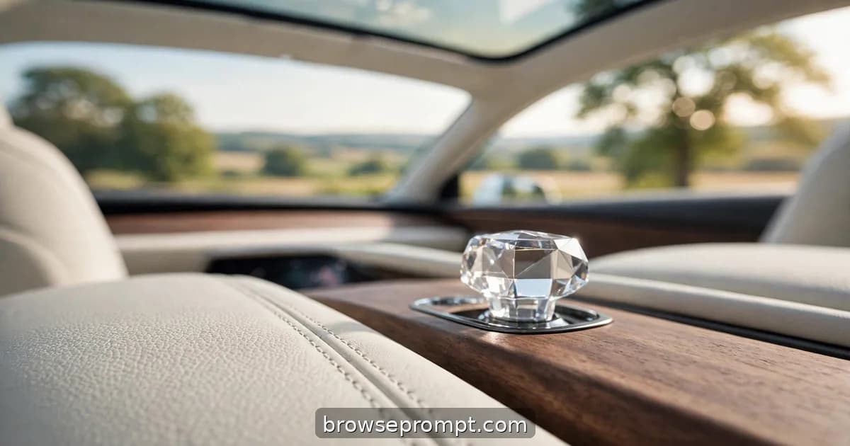 The ivory-leather cabin of a luxury electric sedan gliding silently, stitching and crystal details glowing.