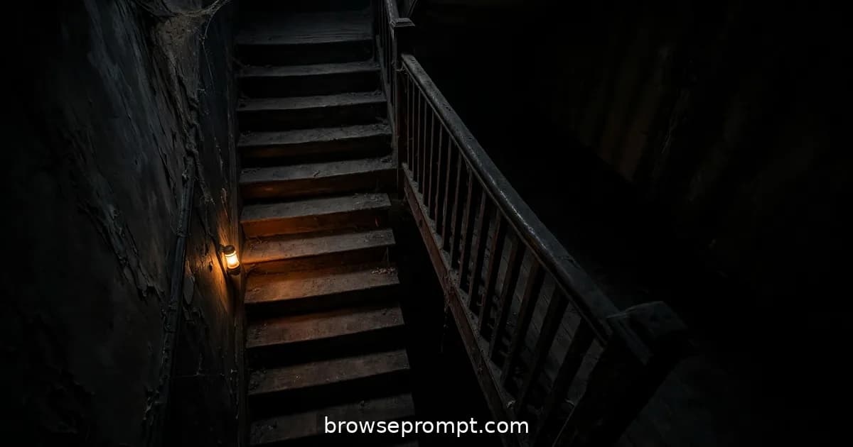Chilling cover art of staircase footsteps with a pure helpless dread, the terror of the unseen atmosphere.