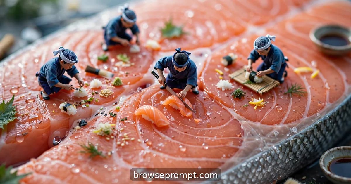 Tilt-shift photo of tiny itamae crafting sushi with samurai focus atop a giant salmon fillet.