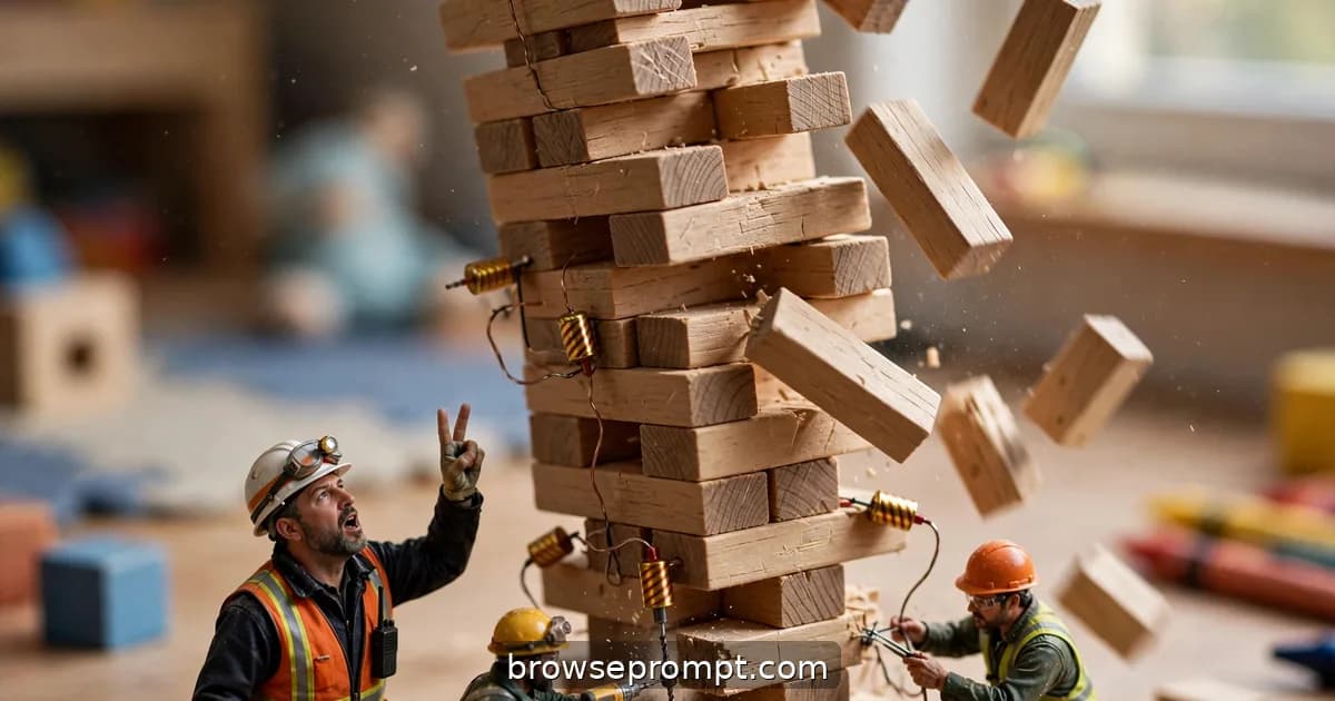 Tilt-shift photo of a tiny demolition crew rigging charges on a wobbling Jenga tower.