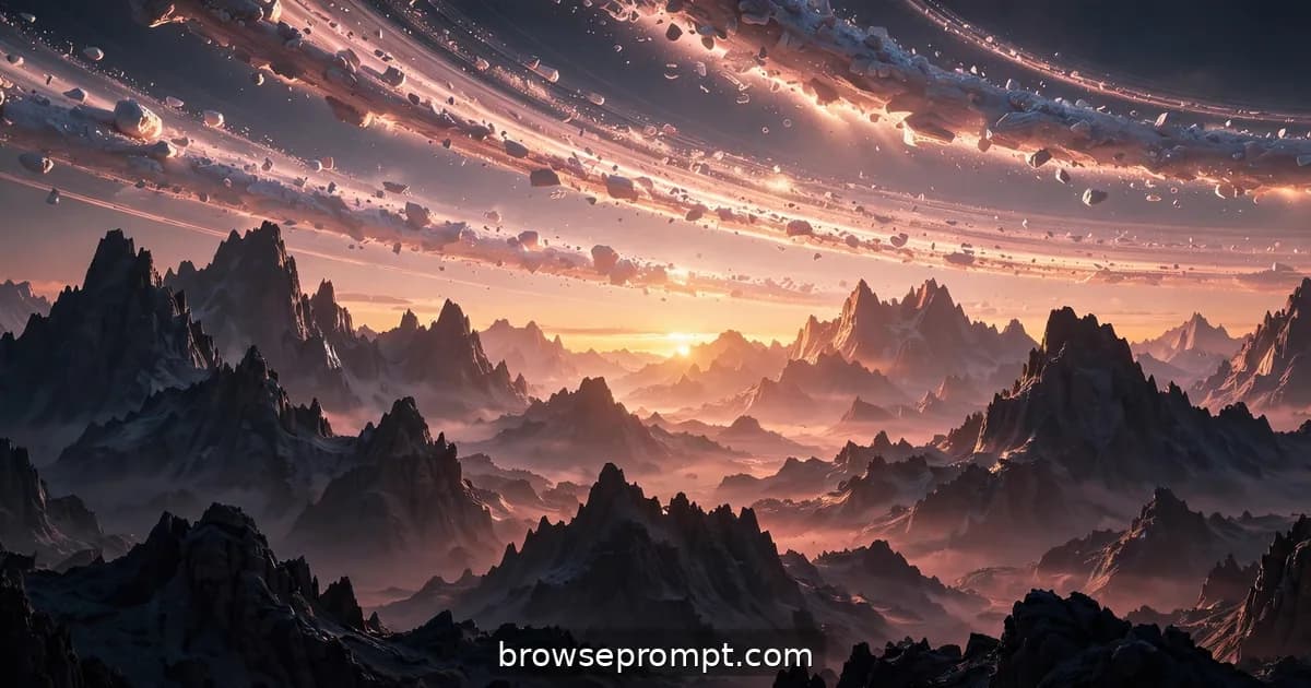 An alien dawn breaking over impossible peaks as the planet's rings catch first light.