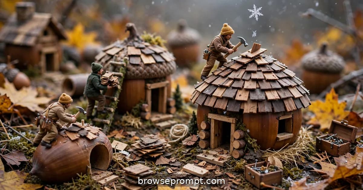 Tilt-shift photo of tiny builders hammering cap-shingles onto acorn homes before winter.