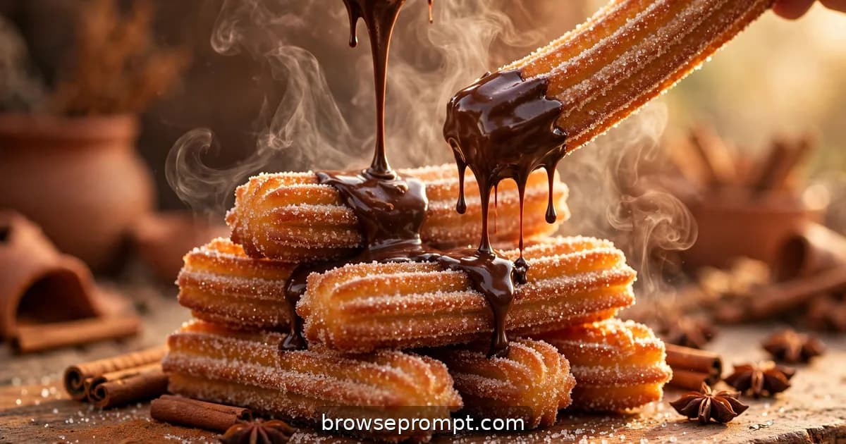 Thick spiced chocolate pouring from a clay pitcher over crisp churros, cinnamon-flecked steam rising.