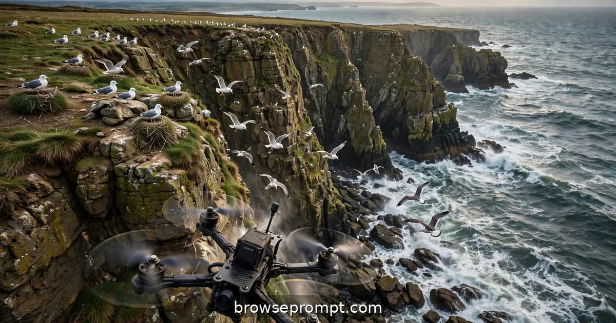 Aerial nature cover art: an FPV drone hurls itself off sea cliffs, diving past nesting gulls to the wave-torn base.