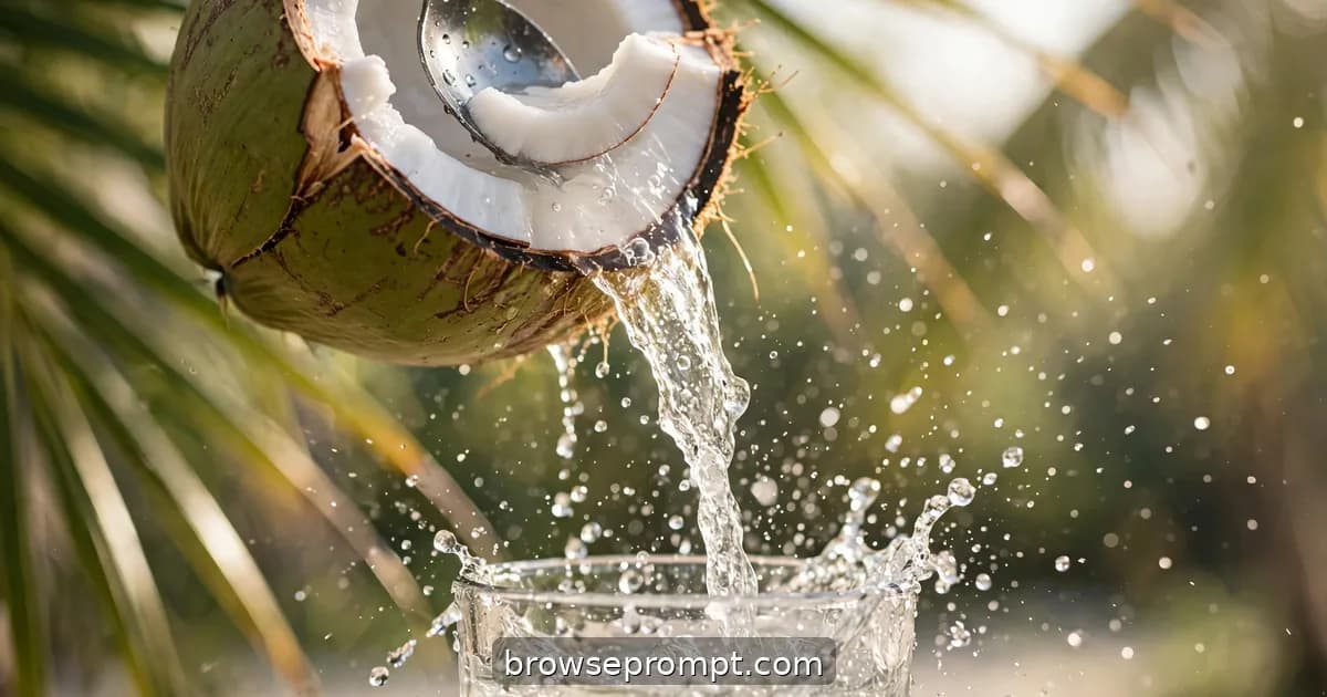 A machete cracking a young green coconut, clear coconut water pouring in a sparkling sunlit stream.