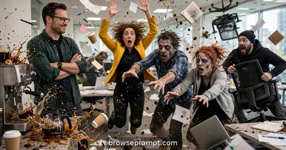 Comedic cover art: a vengeful coworker replaces the office coffee with decaf, and the 9 a.m. standup meeting turns into a zombie apocalypse.