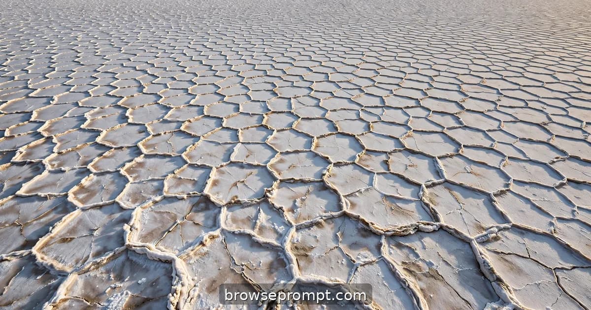 Aerial nature cover art: top-down over a salt flat: endless hexagons of white salt, a perfect geometric abstract.