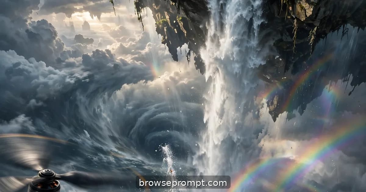 A drone riding over the lip of a floating island, following its waterfall into the clouds.