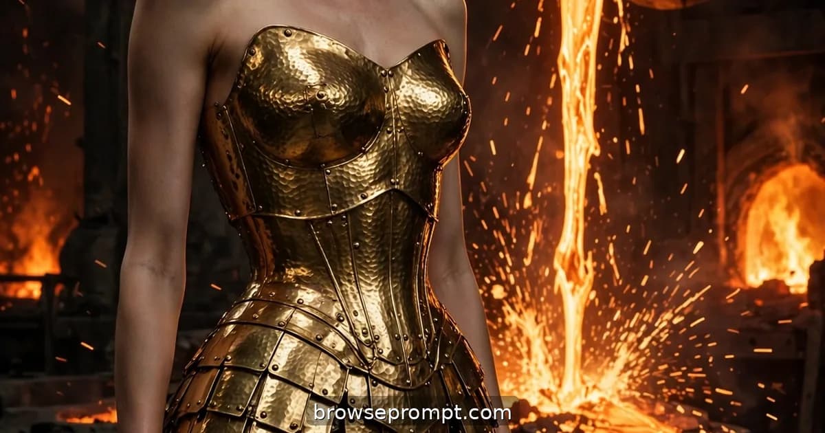 A model in hammered-gold articulated couture stands in a working foundry as molten metal pours and sparks arc behind.