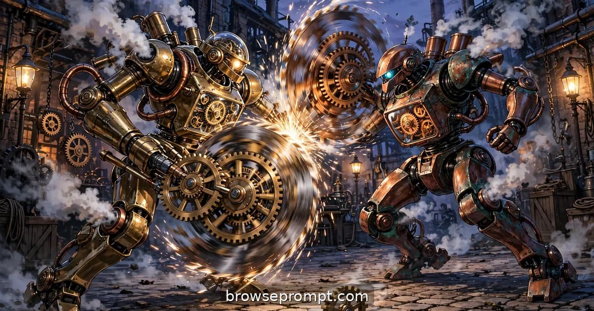 Two riveted brass clockwork mechs clash with spinning gear-blades in a gaslit Victorian factory square at dusk.