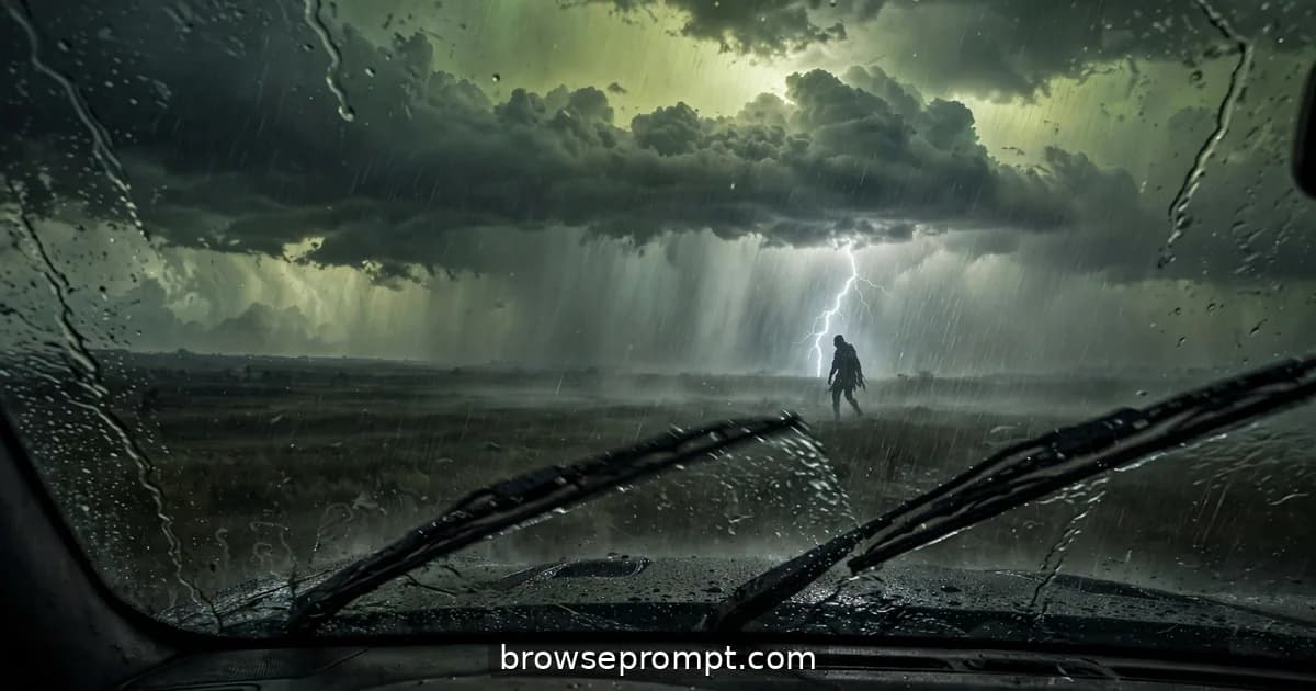 A cinematic horror still of storm chaser's dashcam — awe curdling into terror under sickly storm-green dusk, lightning strobes.