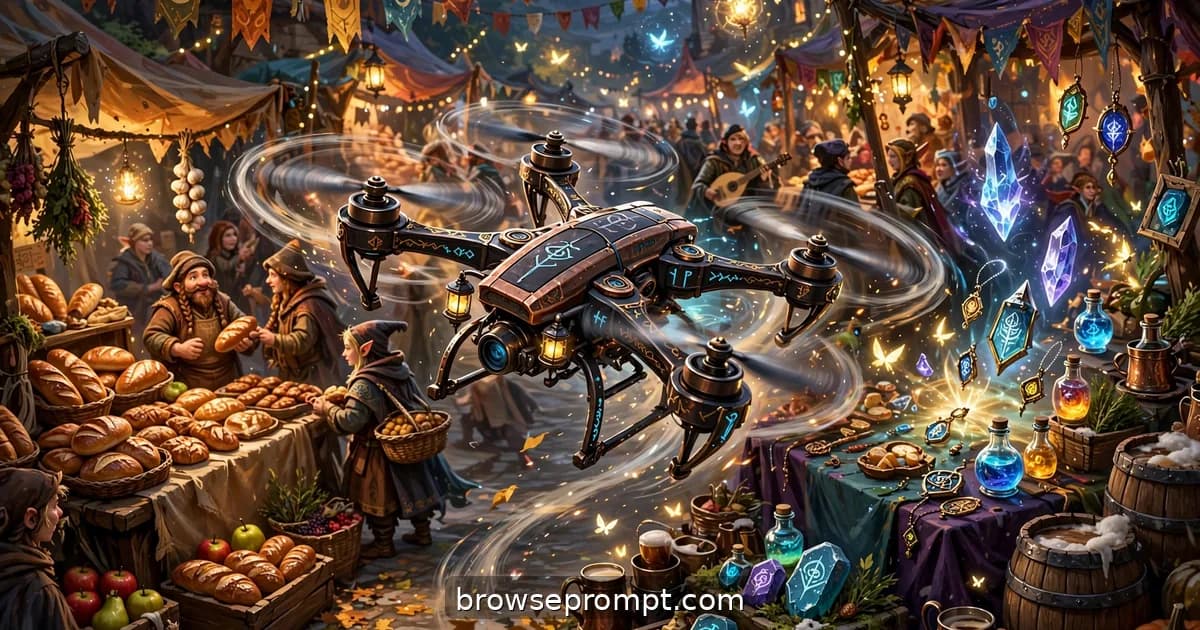 A drone weaving through a festival market where magic is sold alongside bread and ale.