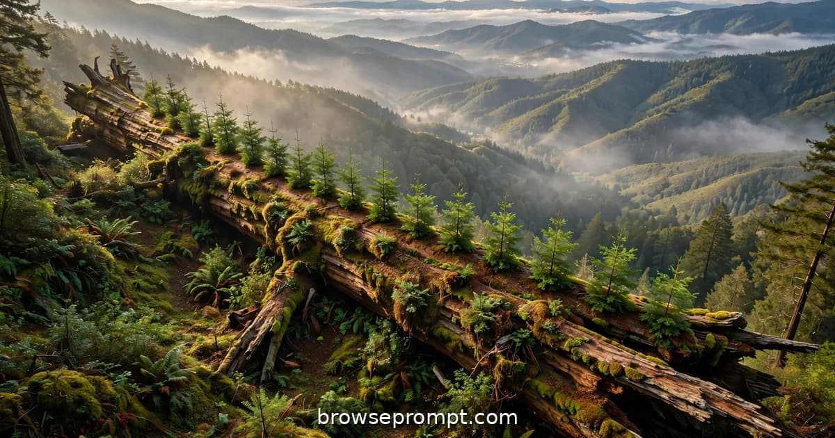 Aerial nature cover art: a fallen redwood nurses a row of young trees as the drone orbits the giant's mossy length.