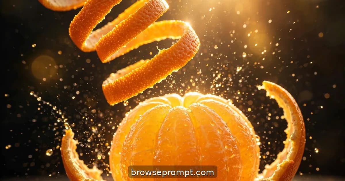 An orange peeled in one unbroken spiral, the zest ribbon curling away, citrus oils misting in the light.