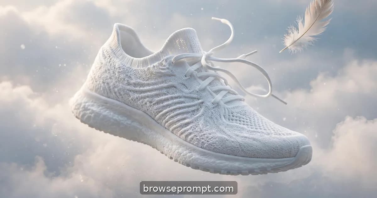 A cloud-white knit runner floating weightlessly through soft morning clouds above a misty golden valley.