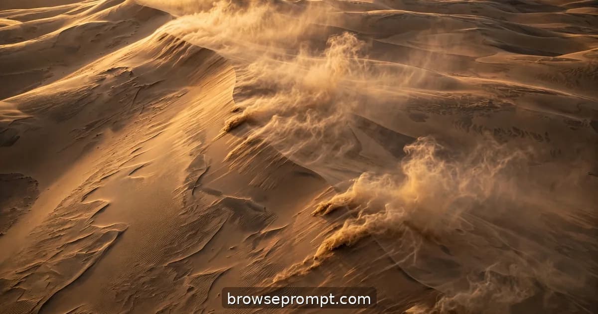 Aerial nature cover art: wind streams sand off a dune crest like smoke as the drone flies the crest line at golden hour.