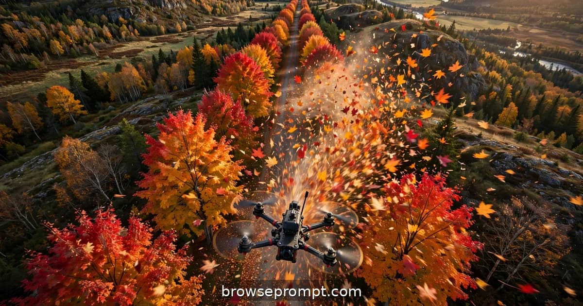 Aerial nature cover art: an FPV drone blasts down a maple avenue in peak color, leaves exploding in its wake.