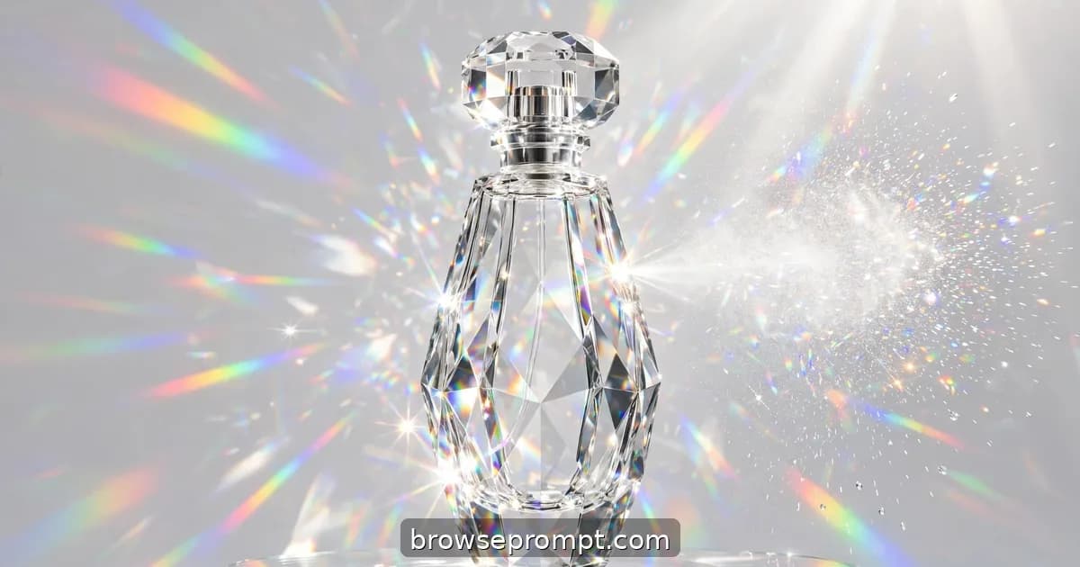 A faceted crystal perfume flacon on a turntable exploding hard sunlight into sweeping prismatic rainbows.
