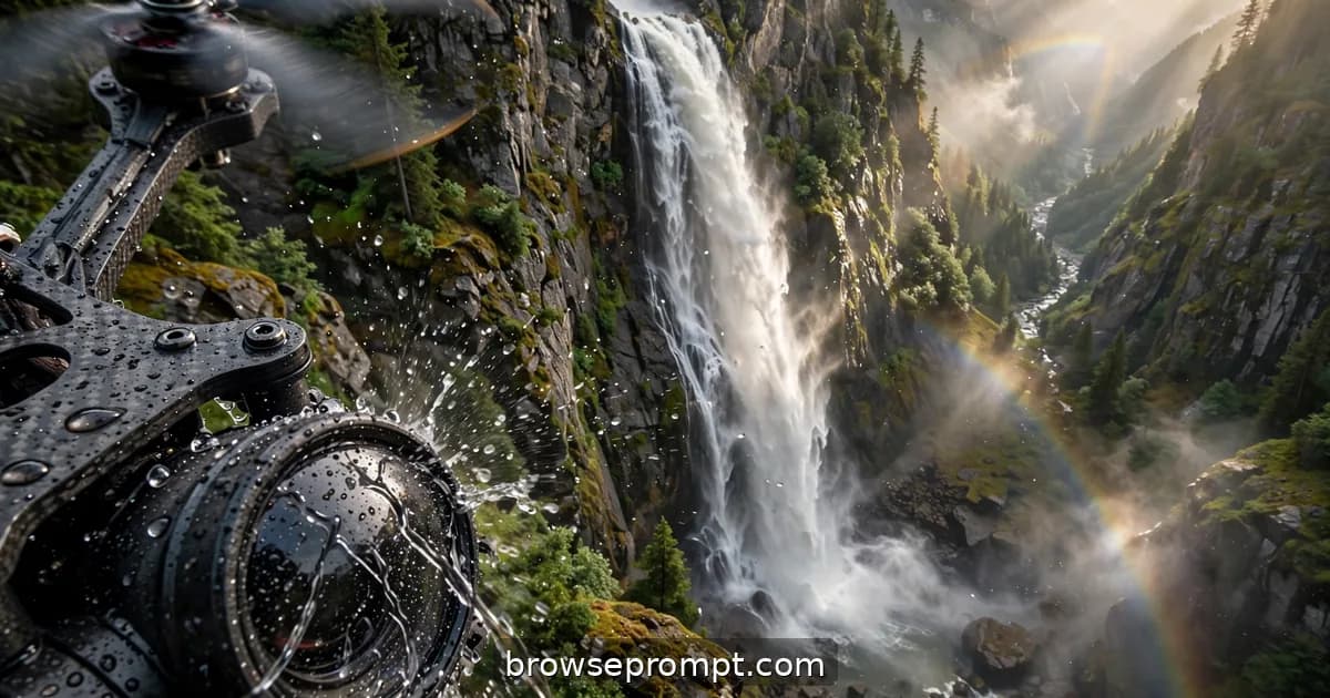 Aerial nature cover art: an FPV drone dives beside a 200-foot waterfall, spray soaking the lens, rainbows in the mist.