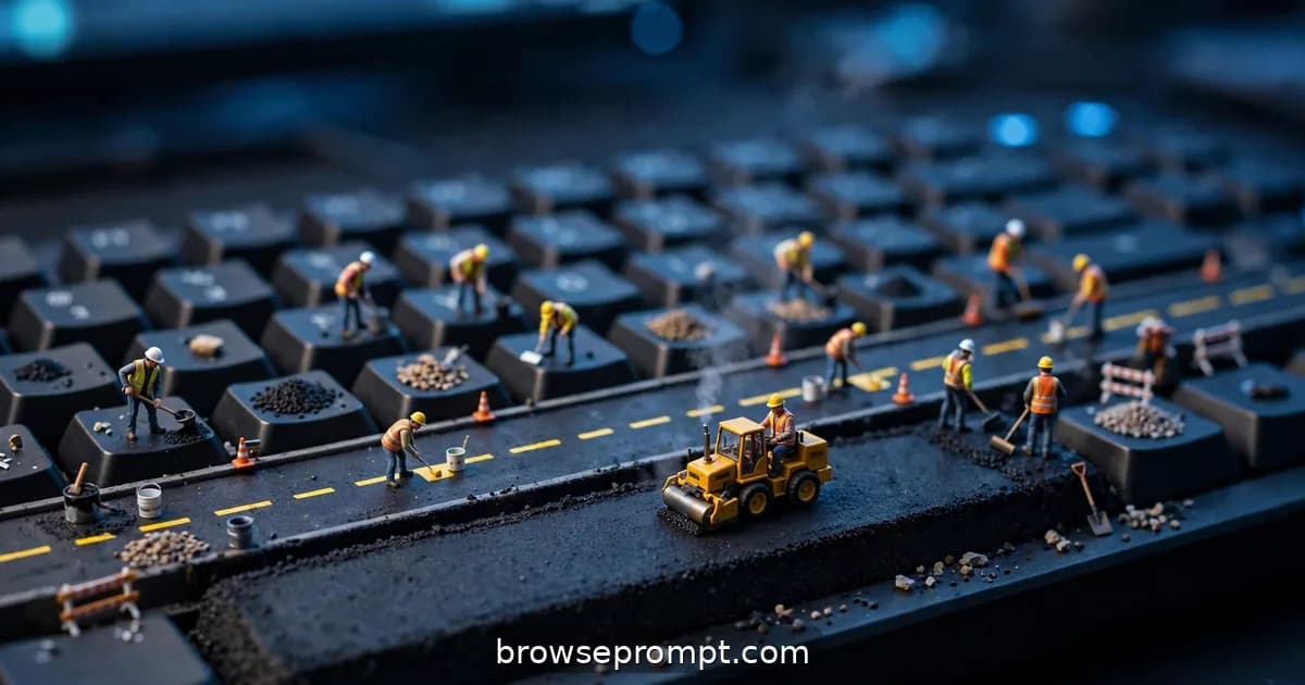 Tilt-shift photo of a tiny road crew paving a highway of black tape across a computer keyboard.