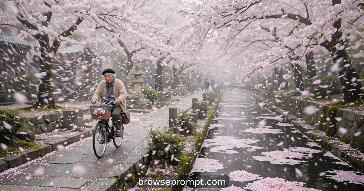 Cherry blossom petals swirling like pink snow over the canal on Kyoto's Philosophers' Path.
