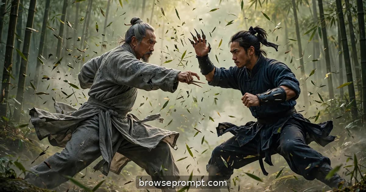 Two kung fu masters clashing in a misty bamboo forest at dawn, cinematic still.