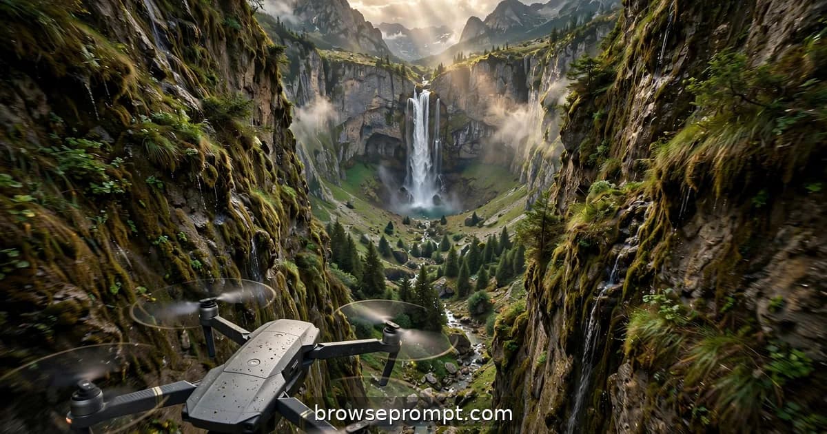 Aerial nature cover art: a drone pushes through a narrow gorge to reveal a hidden waterfall in a secret amphitheater.