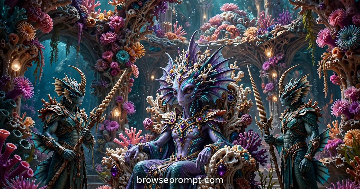 A palace of living coral revealed, its throne room guarded by merfolk sentinels.