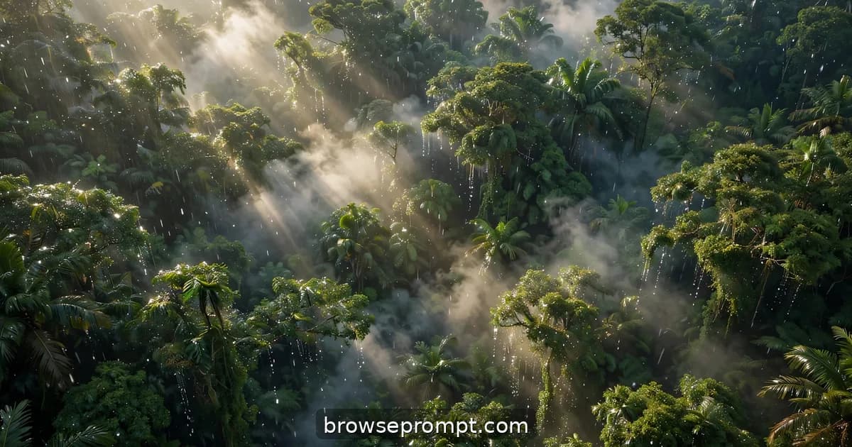 Aerial nature cover art: after tropical rain, the canopy drips diamonds and light shafts pierce the steam.
