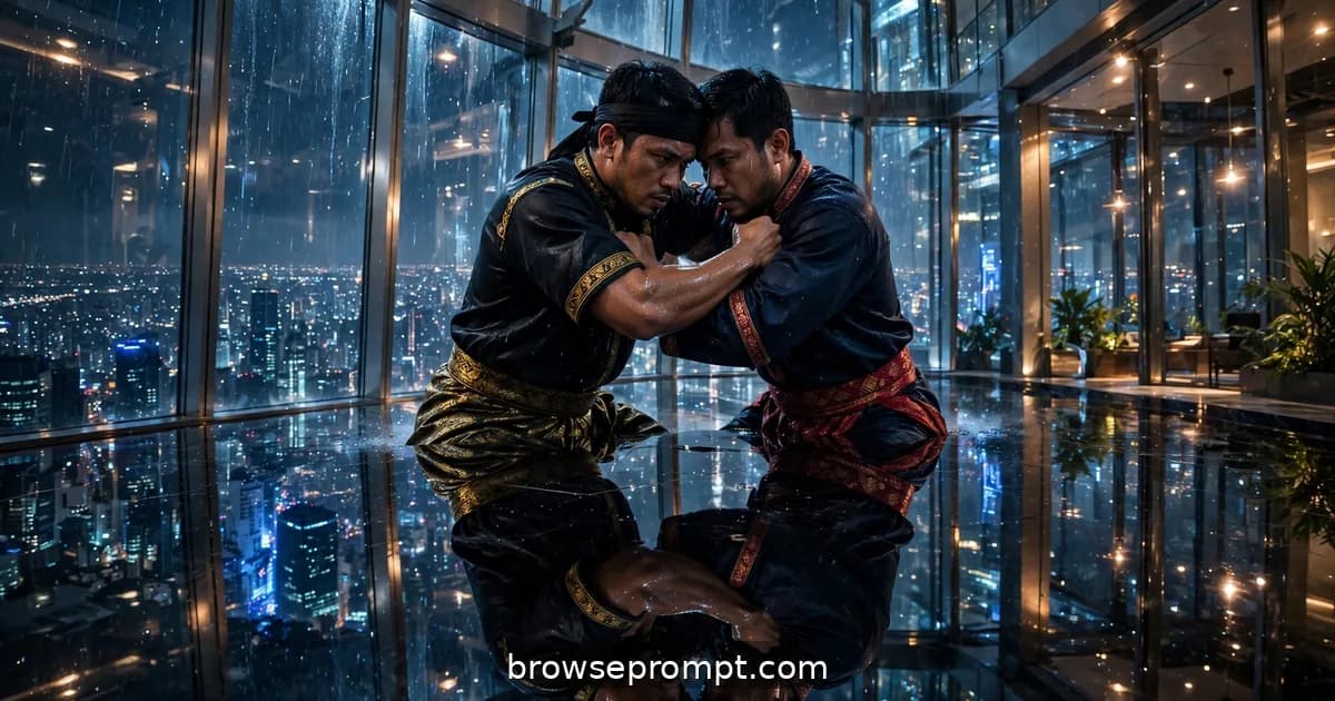 Two silat fighters battling in a glass skyscraper atrium at night, city below, cinematic still.