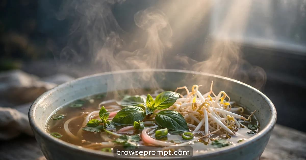 A bowl of pho bo at dawn, steam rising through soft morning window light, basil and lime on clear broth.