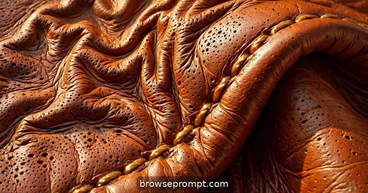 Polished cognac leather fills the macro frame, pores and creases reading like a topographic map as it flexes.