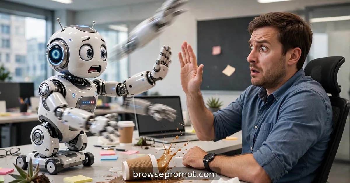 Comedic cover art: an office's new assistant robot attempts its first high-five and whiffs repeatedly while the human waits with growing regret.