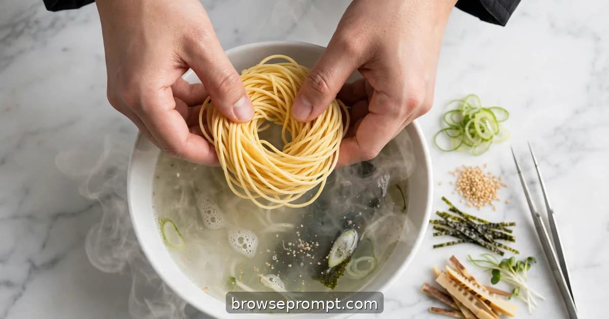 A chef's hands twisting fresh noodles into a perfect nest above a steaming bowl of clear shio broth.