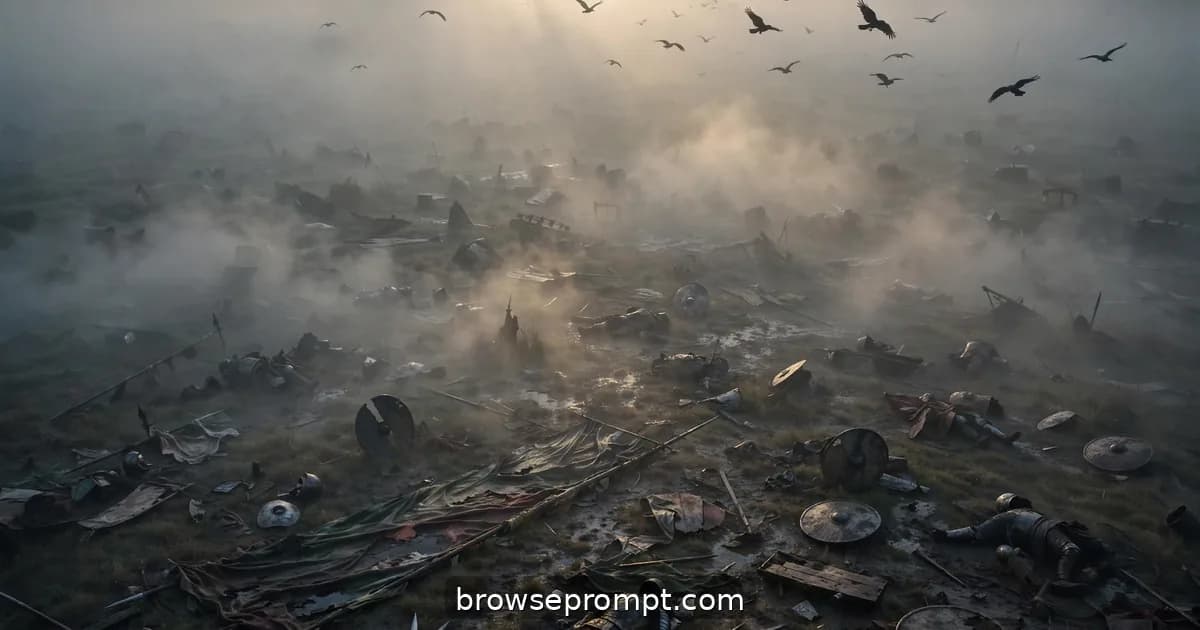 A drone flying low over a mist-shrouded battlefield at dawn, banners fallen and crows circling.