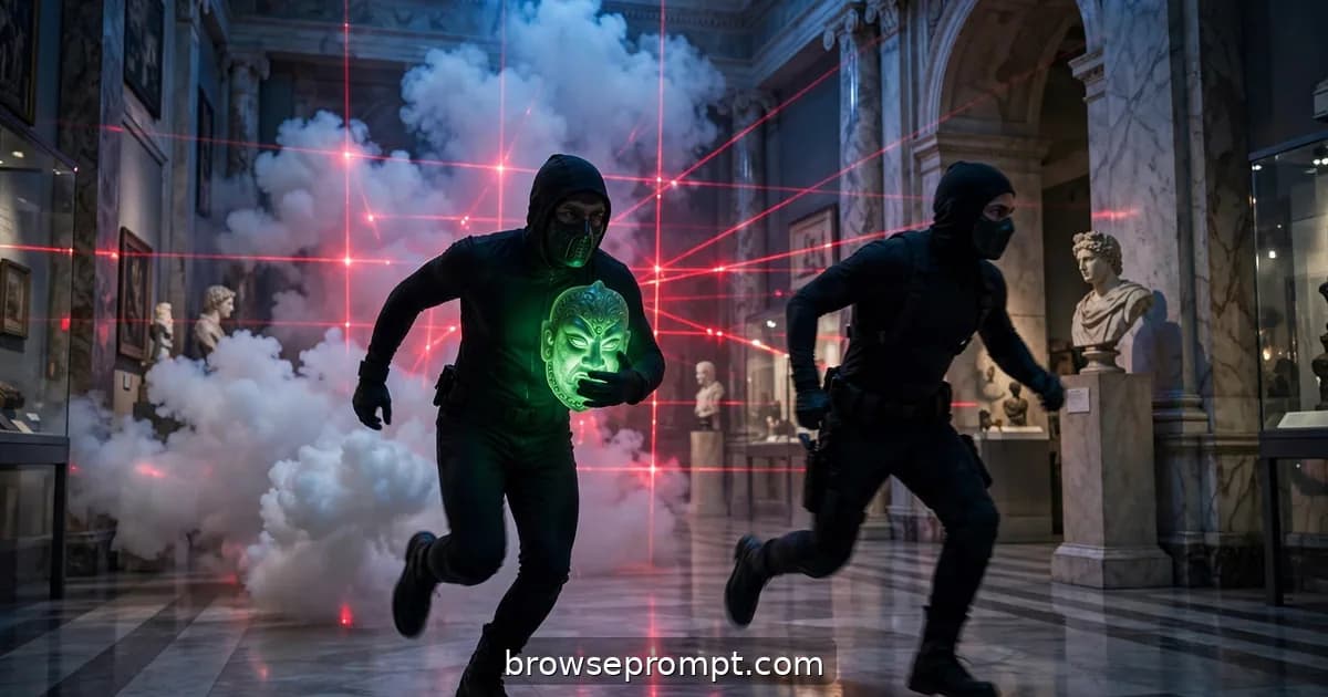 Two thieves fleeing a midnight museum with a jade mask past laser grids, cinematic still.