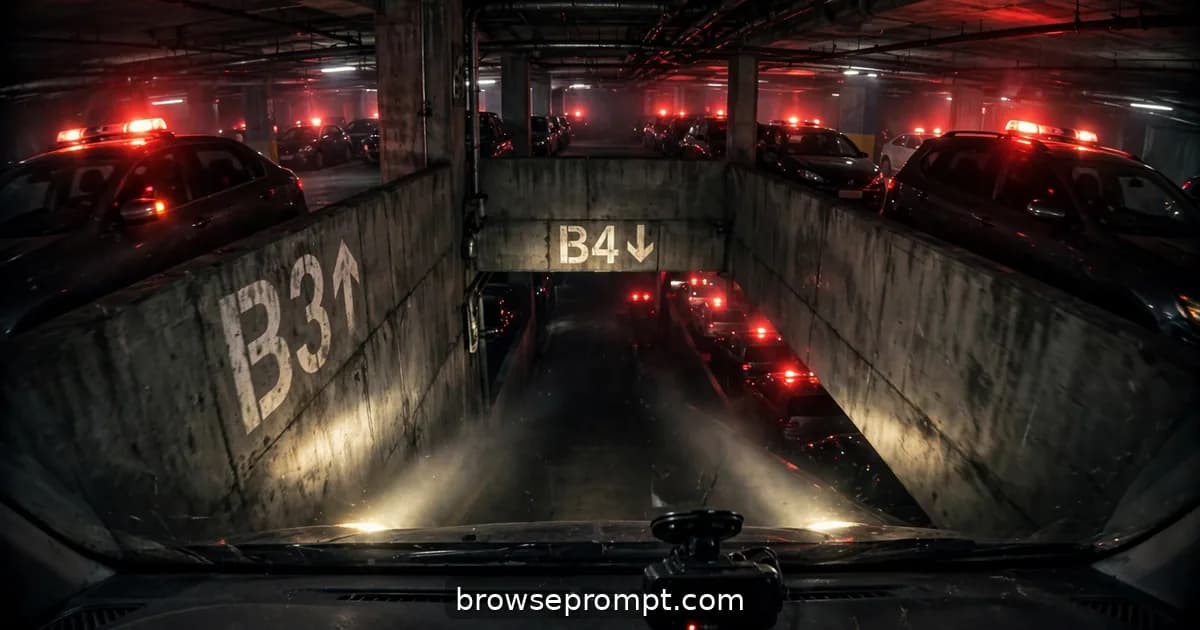 A cinematic horror still of parking garage level b4 — architectural trap dread under headlight beams in concrete darkness, red alarm-light.